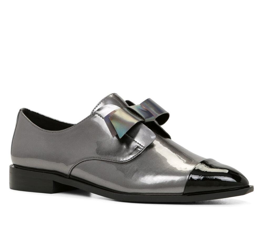Aldo Silver Grey Patent Leather Oxford Shoe Holographic Bow Womens 6.5